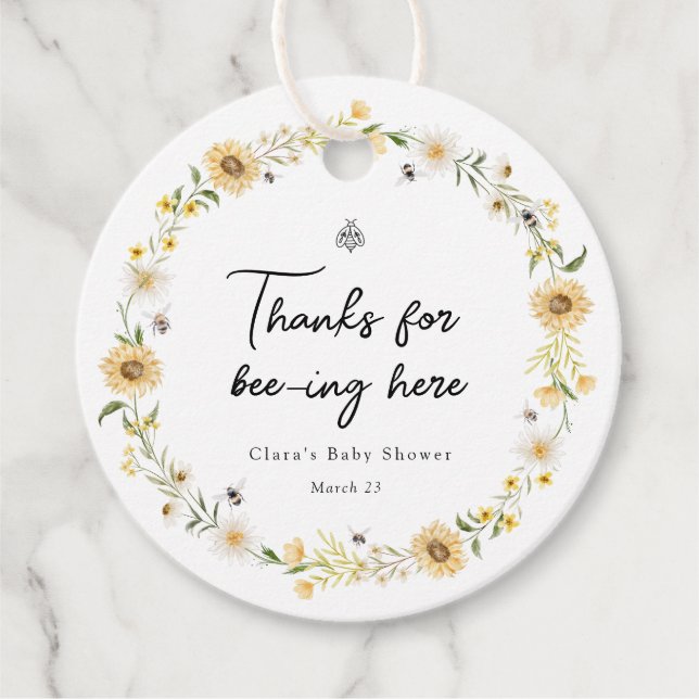 Bienen Daisis und Sonnenblumen Baby-Dusche Geschenkanhänger (Vorderseite)