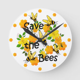 Bienen, Honigwabenblumen und Gelbblumen gerettet Runde Wanduhr