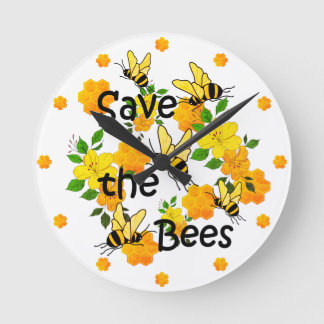 Bienen, Honigwabenblumen und Gelbblumen gerettet Runde Wanduhr