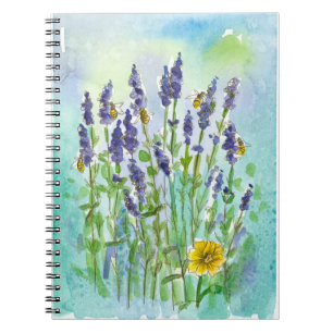 Bienen Lavender Watercolor Blume Aquamarin Blue Notizblock