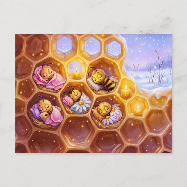 Bienen schlafen in Honigwaben unter weichem Blüten Postkarte (Vorderseite)