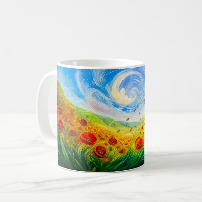 Bienen schweben über ein windiges Mohnfeld Kaffeetasse (Vorderseite Links)