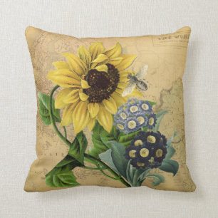 Bienen-Sonnenblume-Blumen- u. Vintage Karte Kissen