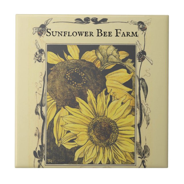 Bienen-Sonnenblumen-Design Vintage-Muster Fliese (Vorderseite)