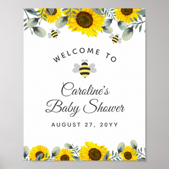 Bienen Sonnenblumen Eucalyptus Baby Dusche Willkom Poster (Vorne)