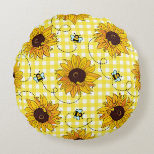 Bienen, Sonnenblumen, kariert, Vintage-Muster. Rundes Kissen