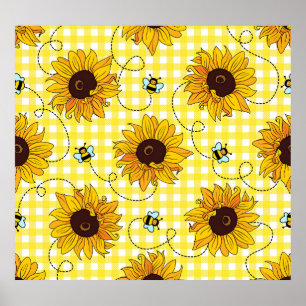 Bienen, Sonnenblumen, karierte, Vintage Muster. Poster
