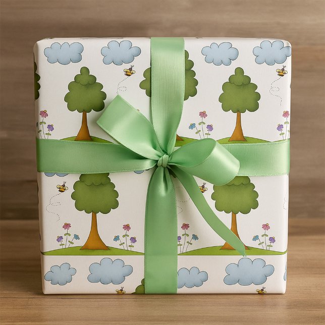 Bienen- und Baumlandschaft mit Blume und Wolken Geschenkpapier (Von Creator hochgeladen)