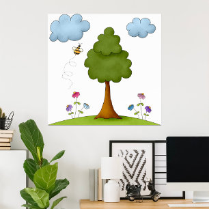Bienen- und Baumlandschaft mit Blume und Wolken Poster