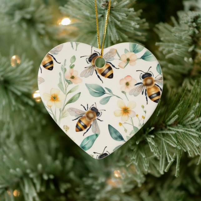 Bienen und Blume - Muster für Honigcreme aus Creme Keramik Ornament (Baum)