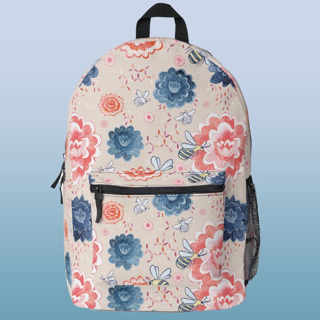 Bienen und Blume Wasserfarbe Bedruckter Rucksack (Watercolor bees and flowers blush pink peach and indigo navy blue pattern cottagecore backpack)