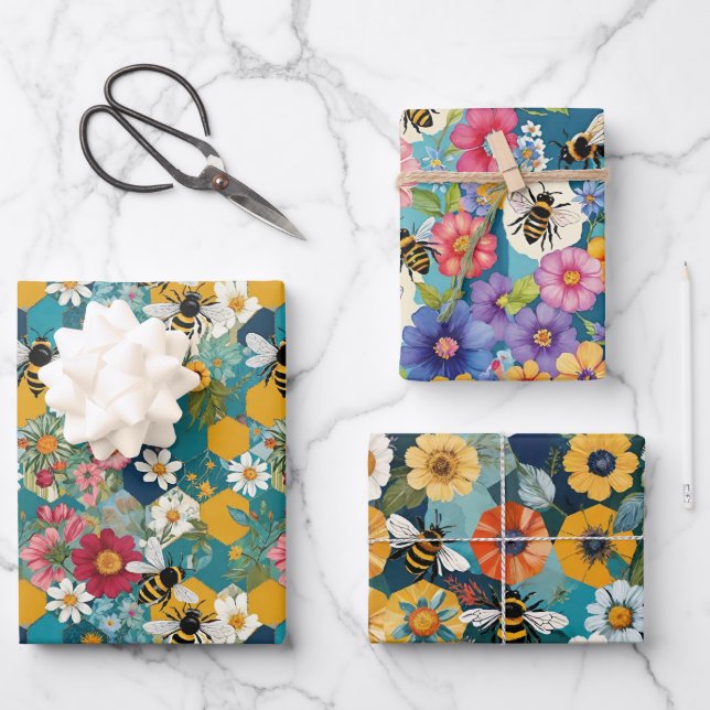 Bienen und Blumen Biene Blumenmuster Geschenkpapier Set (Vorderseite)