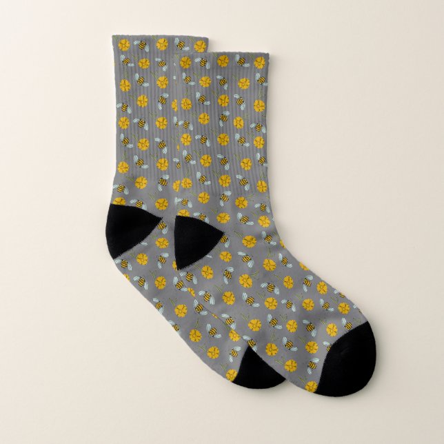 Bienen und Buttercups auf Grau Socken (Paar)