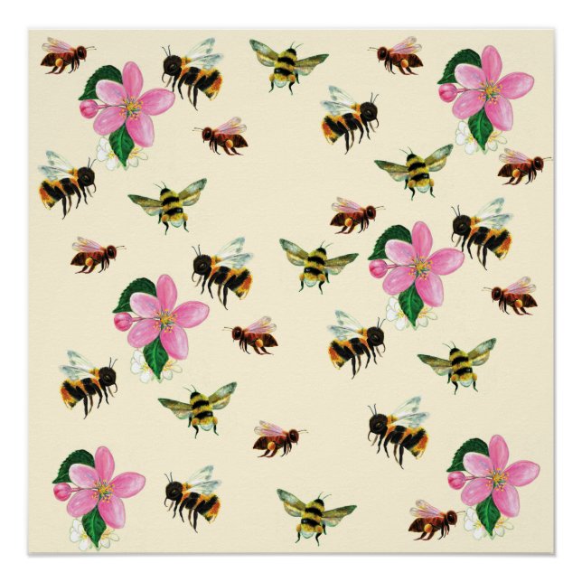 Bienen und Hummeln und Obstblüten Poster (Vorderseite)