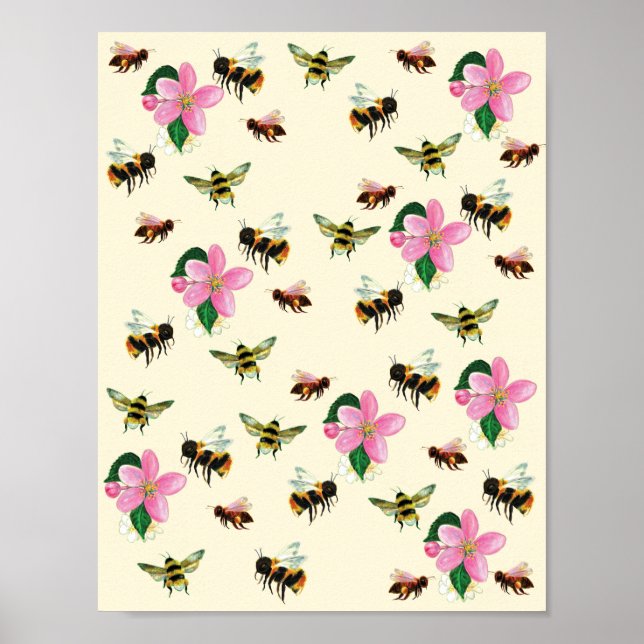 Bienen und Hummeln und Obstblüten Poster (Vorne)