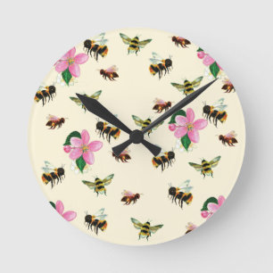 Bienen und Hummeln und Obstblüten Runde Wanduhr