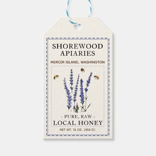 Bienen und Lavendel-Honey-Label Blue Dashed Border Geschenkanhänger (Vorderseite)