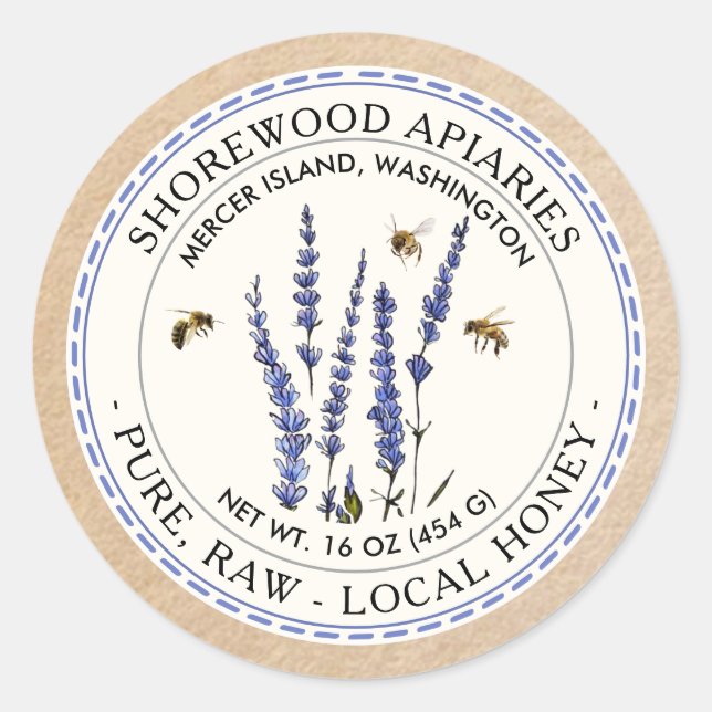 Bienen- und Lavendelhonigetikett mit Kraft-Grenze Runder Aufkleber (Vorderseite)