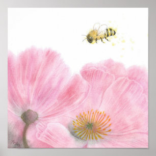 Bienen und Rosa Blume Farbige Bleistift Kinderzimm Poster