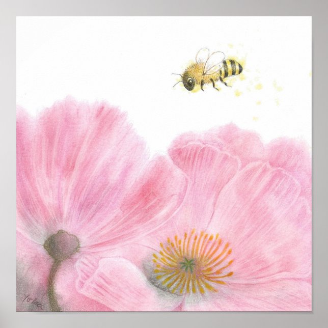 Bienen und Rosa Blume Farbige Bleistift Kinderzimm Poster (Vorne)