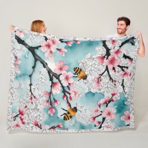 Bienen und rosa Kirschblüten Vintage-Spitze Fleecedecke