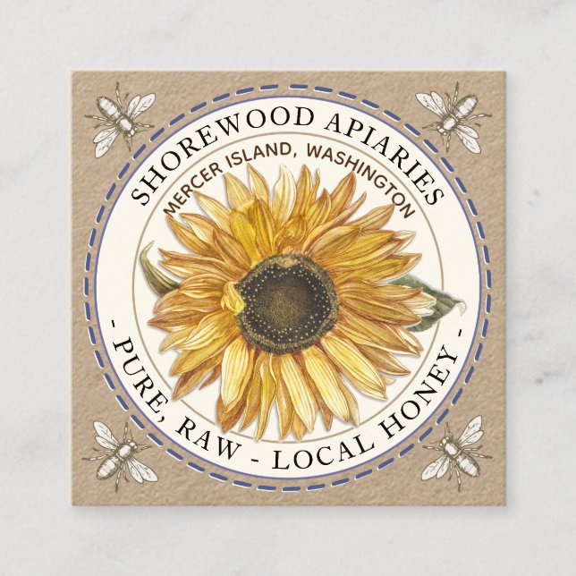 Bienen und Sonnenblumen Honey Kraft Business Card Quadratische Visitenkarte (Vorderseite)