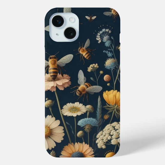 Bienen und Wildblumen auf Dunkelblau Case-Mate iPhone Hülle (Rückseite)