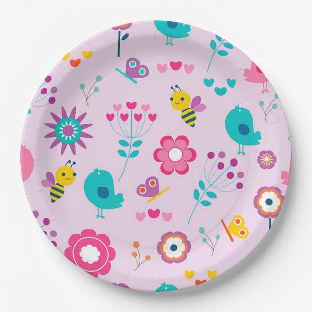 Bienen, Vögel und Schmetterlinge mit Blume Pappteller (Vorderseite)