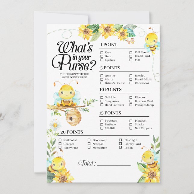 BienenBaby-Dusche Was ist in deinem Purse-Spiel? Einladung (Vorderseite)