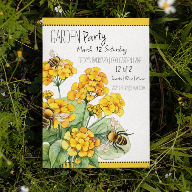 Bienendenkmäler-Party mit gelben Blumen Einladung (Garden Party Yellow Bumble Bee themed customizable party invitation for spring events. )