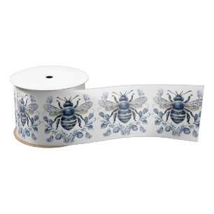 Bienendesign im Blau-Weiß-Delft-Stil mit Blume Satinband