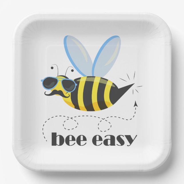 Bienenfigur mit Schnurrbart-Sonnenbrille Bee Easy Pappteller (Vorderseite)