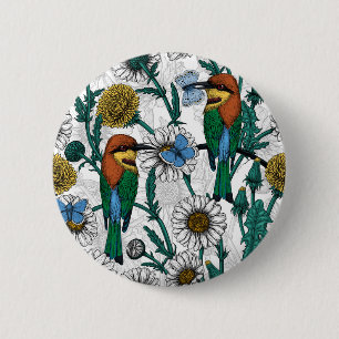Bienenfresser, blaue Schmetterlinge und Gänseblümc Button