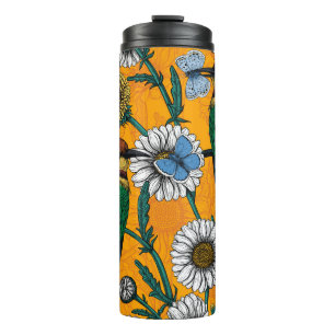 Bienenfresser, blaue Schmetterlinge und Gänseblümc Thermosbecher