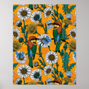 Bienenfresser, Blauschmetterlinge und Gänseblümche Poster