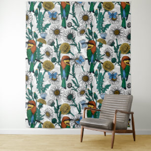 Bienenfresser, Blauschmetterlinge und Gänseblümche Wandteppich