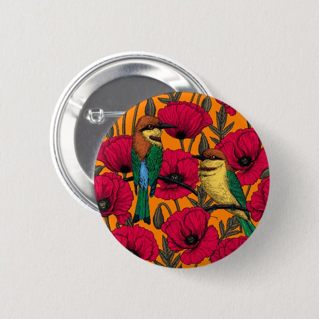 Bienenfresser und Mohn auf Orange Button (Vorne & Hinten)