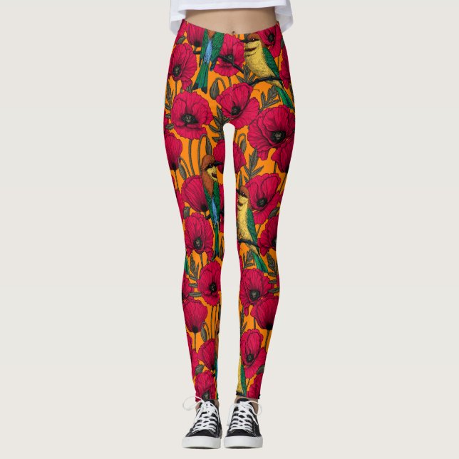 Bienenfresser und -mohn auf Orange Leggings (Vorderseite)