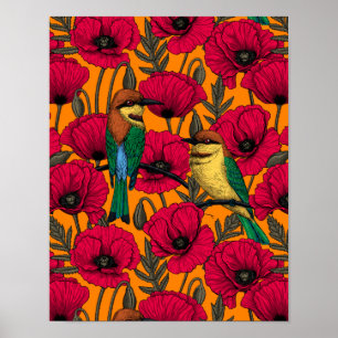 Bienenfresser und Mohnblumen auf Orange Poster
