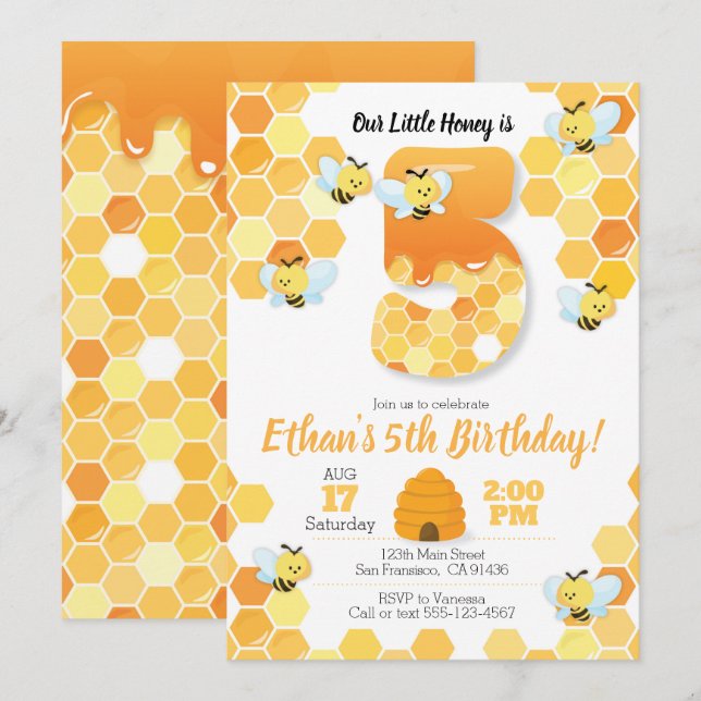 BienenGeburtstag, Einladung zum 5. Geburtstag (Vorne/Hinten)