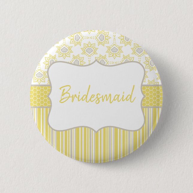 Bienengelb und graue geometrische Bridesmaid Button (Vorderseite)