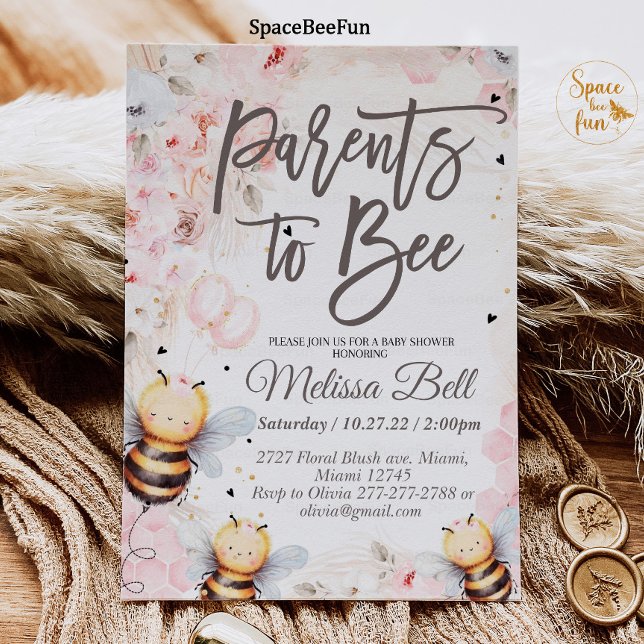 Bienenhonorare Einladung Baby Dusche Eltern zu Bie (Bee Honey invitation Baby shower Parents to bee Baby shower invitation Boho Pampas Grass Pink Girl )