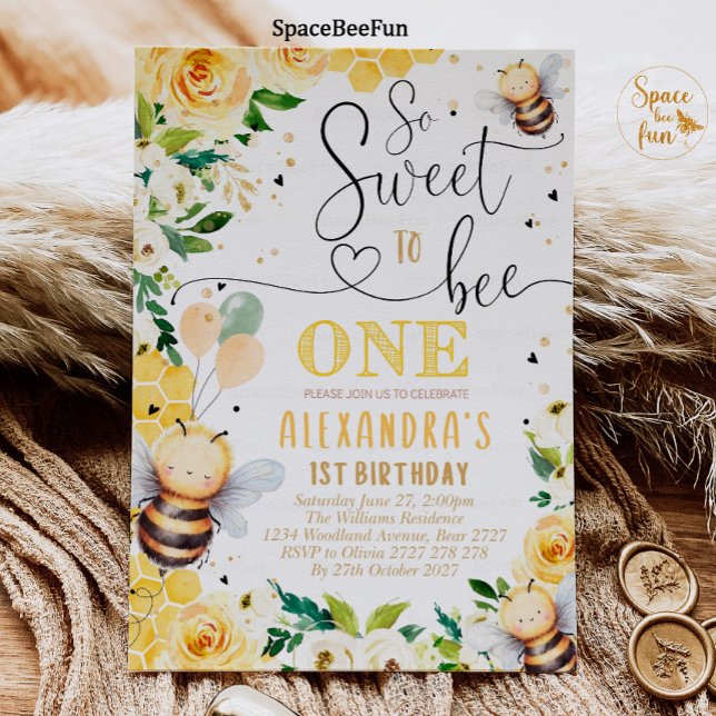 Bienenhonorare zum Geburtstag Einladung So Sweet t (Bee Honey Birthday invitatiin So Sweet to Bee invites Bee Honey Party Pink One birthday invite )