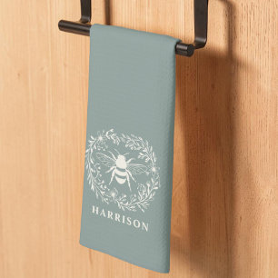 Bienenkranz Familienmonogramm Name Salbeigrün Geschirrtuch