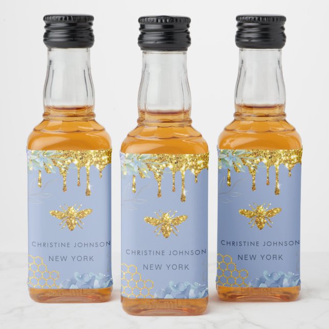 Bienenlogo und blaue Hydrangea Alkoholflaschenetikett (Flaschen)