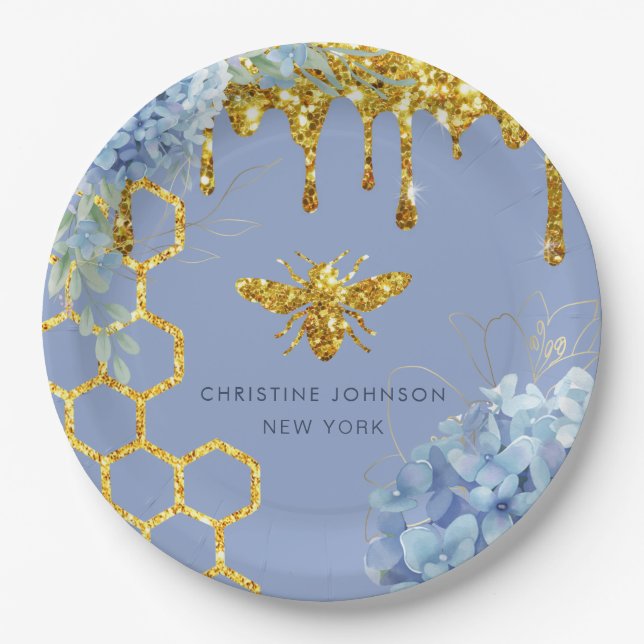 Bienenlogo und blaue Hydrangea Pappteller (Vorderseite)