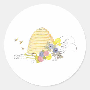 Bienenstock aus gewickeltem Stroh und Blumen Runder Aufkleber