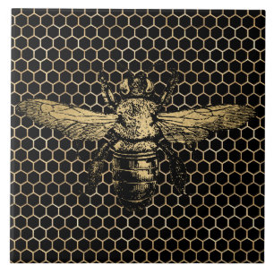 Bienenstock Rustikal Gold Wabenmuster Schwarz Fliese