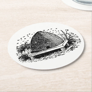 Bienenstock und Bienen #1 Heraldisch Vintage Runder Pappuntersetzer