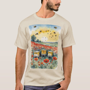 Bienenstöcke und Bienen in einem Mohnfeld bei Sonn T-Shirt